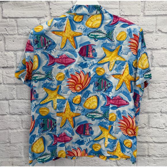 Vintage Womens Carlisle Silk Short Sleeve Blouse Size 16 Blue Tropical Shells - Picture 5 of 5